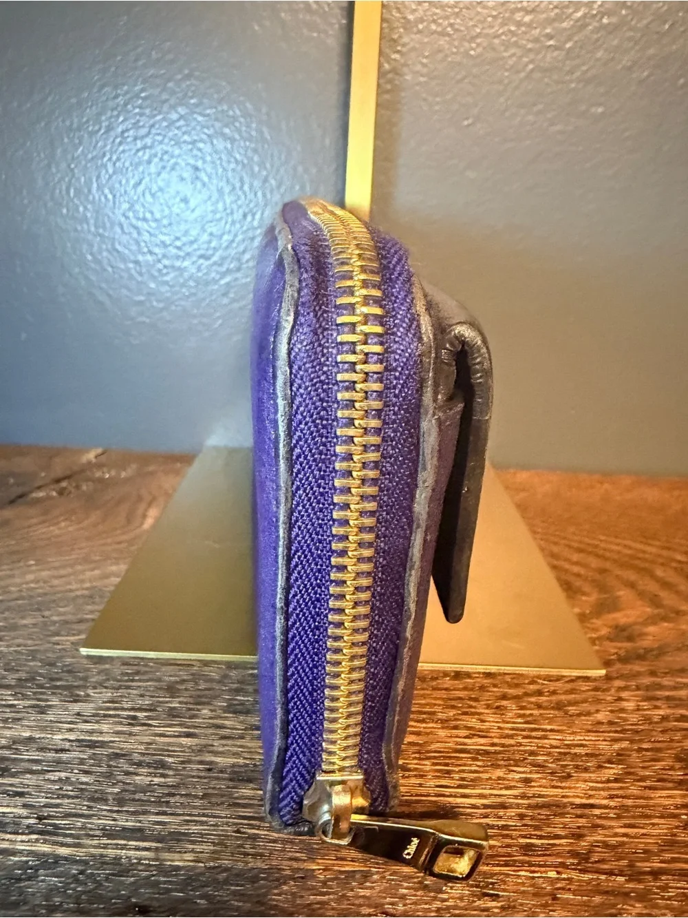 Chloe Purple Drew Leather Wallet with Gold Chain Accent